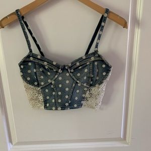 Love Culture Denim Lace Polka Dot Bustier Crop Top